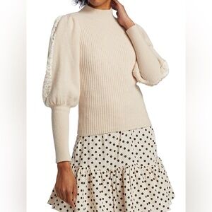 By TiMo Beige Merino Wool Lace Sleeve Sweater NWT Small Puff Sleeve Knit $415